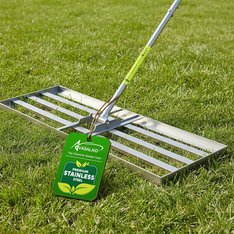 Heavy Duty 36x12 Inch Lawn Leveling Rake With Stainless Steel Build And Adjustable 78 Inch Handle For Yardwork