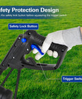 Hand gripping safety lock button and trigger switch on Powerful Corded Garden Tiller Cultivator With 14 Amp Motor, 18 Inch Till Width.