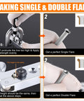 Step-by-step guide for making single and double flares with three sixteenth inch brake line repair kit, gloves, and tools.