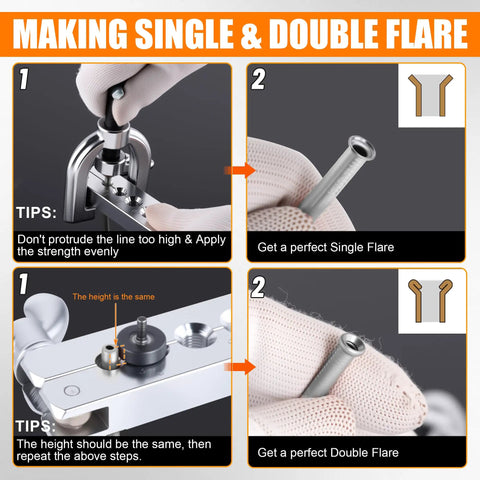 Step-by-step guide for making single and double flares with three sixteenth inch brake line repair kit, gloves, and tools.
