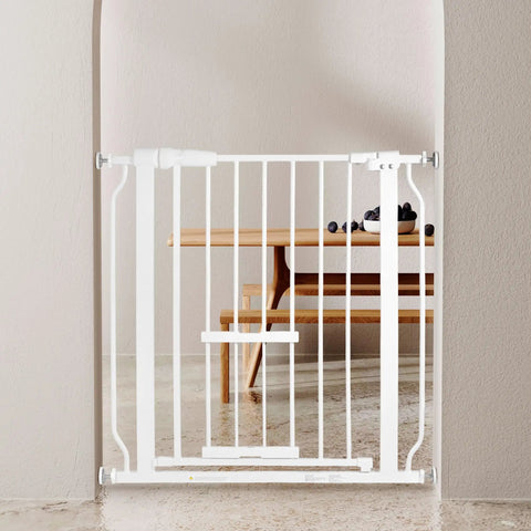 White walk through safety gate for doorways and stairs with auto close and hold open, pressure mount no screws needed.