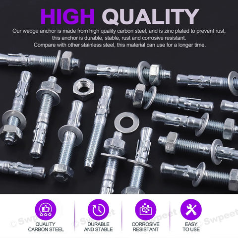 20-Piece 3/8 Inch By 2-3/4 Inch Zinc Plated Heavy Duty Wedge Anchor Kit With Carbon Steel Screws And Lag Bolts laid out on display