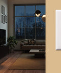ECONOSwitch 7 Day Solar Programmable Switch for indoor and outdoor lights, no battery needed, shown in a modern living room setting.