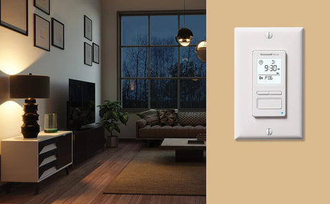 ECONOSwitch 7 Day Solar Programmable Switch for indoor and outdoor lights, no battery needed, shown in a modern living room setting.