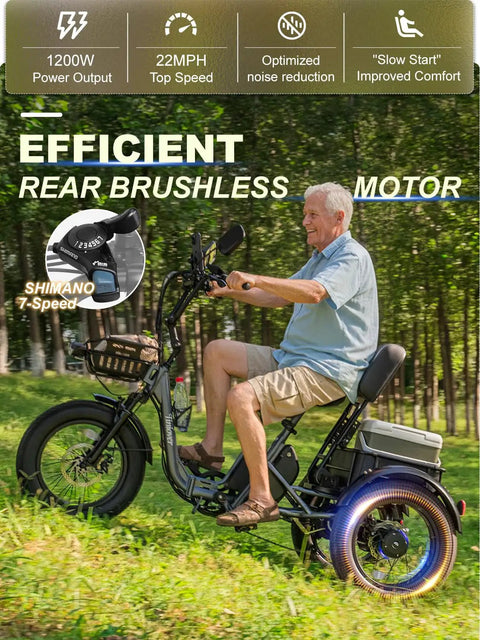 Folding Electric Tricycle For Adults With 3 Wheels, 1200W Fat Tire Etrike, 20 MPH Top Speed, 100 Mile Range, Basket And Backrest, Reverse, Parking, Differential, Orange, side view with rider