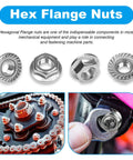 Stainless Steel 304 Serrated Flange Hex Nuts Kit M6 X 1mm Full Thread 50 Pcs shown in various angles and installed.