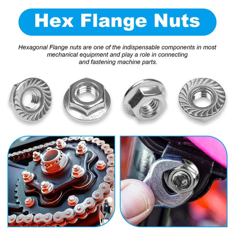 Close-up of 10 Pack M10 Serrated Flange Hex Nuts 1.5mm Pitch, 304 Stainless Steel, shown with chain and in mounting use.