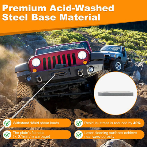 Jeep off-roading with inset of Heavy Duty Weld On Tabs For One Half Inch Holes, Steel Shock Mount Weld Tabs, acid-washed steel base