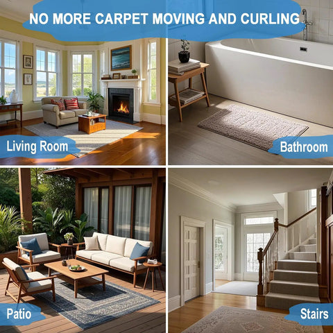Image showing various rooms using Double Sided Rug Tape For Hardwood Floors 2 Inch By 15 Yards Non Slip Grip For Tile And Wood.