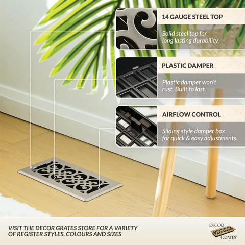 Scroll Floor Register 4x10 Brushed Nickel Finish With Easy Drop In Install No Tools Required And Durable Damper Box