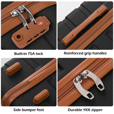 Coolife 3-piece hardshell spinner luggage set; tan hardware, built-in TSA lock, reinforced grips, bumper feet, YKK zipper.