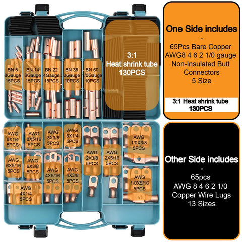 All In One Battery Terminal Kit With 260 Pcs AWG 8 To AWG 1 0 Bare Copper Ring Terminals Non Insulated Butt Connectors Kit Box Open