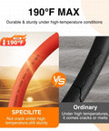 Specilite 5/8-in rubber garden hose, red, 50 ft, brass fittings; split view shows ordinary cracked hose for comparison