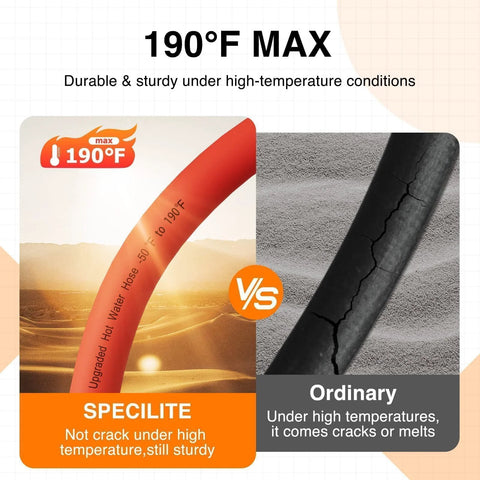 Specilite 5/8-in rubber garden hose, red, 50 ft, brass fittings; split view shows ordinary cracked hose for comparison