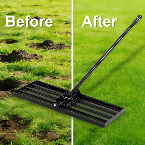 Heavy Duty Folding Lawn Leveling Rake 30x10, Adjustable 25 To 72 Inch Long Handle, before and after lawn leveling
