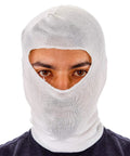 Person wearing Premium Painter's Head Sock 10 Pack For Spray Painting, Sanding And Dust Protection, Soft Stretch Cotton Hood.