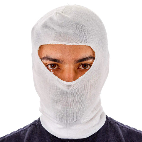 Person wearing Premium Painter's Head Sock 10 Pack For Spray Painting, Sanding And Dust Protection, Soft Stretch Cotton Hood.