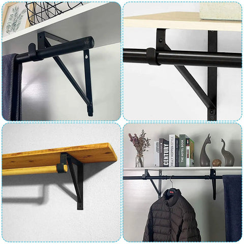 Heavy Duty Closet Rod Brackets Four Pack Wall Mount Shelf Supports crafted from cold rolled steel, showing various angles and applications.