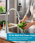 Universal Kitchen Faucet Replacement Sprayer Head With 14 Adapters No Sweat Setup Brushed Nickel in use rinsing lettuce.
