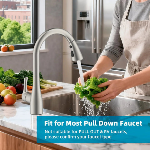 Universal Kitchen Faucet Replacement Sprayer Head With 14 Adapters No Sweat Setup Brushed Nickel in use rinsing lettuce.