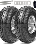 Flat Free Solid Rubber Tire Wheel Set For Hand Trucks And Wheelbarrows No Fuss 10 Inch Replacement Wheels 2 Pack with accessories shown