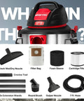 Image of No Sweat 5 Gallon Stainless Steel Wet Dry Vacuum Featuring 4.5 Peak Horsepower Motor with attachments like nozzles and filters.