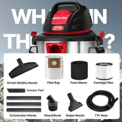 Image of No Sweat 5 Gallon Stainless Steel Wet Dry Vacuum Featuring 4.5 Peak Horsepower Motor with attachments like nozzles and filters.