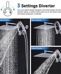 Heavy Duty All Metal 12 Inch Rainfall Shower Head With Handheld Spray Combo 3 Settings Diverter in use showing water flow modes