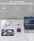 Hassle Free Slick Pop Up Outlet With Wireless Charging Pad And Fast 65W Usb Port 4 Point 7 Inch 20 Amp GfcI Countertop Mount, flat on marble.