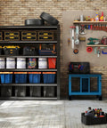 5 Tier Heavy Duty Garage Shelving Unit With 5 Thousand Lbs Capacity Adjustable Steel Shelves For Garage Basement Workshop 62 Inch Wide By 24 Inch Deep By 72 Inch High Rugged Industrial Metal Storage System For Bulky Gear, filled with tools and bins