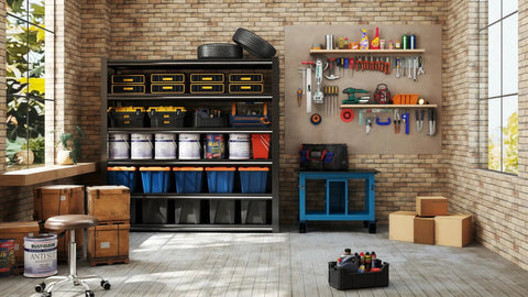 5 Tier Heavy Duty Garage Shelving Unit With 5 Thousand Lbs Capacity Adjustable Steel Shelves For Garage Basement Workshop 62 Inch Wide By 24 Inch Deep By 72 Inch High Rugged Industrial Metal Storage System For Bulky Gear, filled with tools and bins