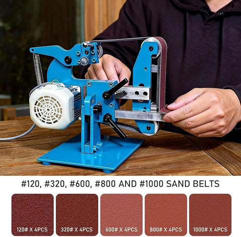 Xoiasth 750W Brushless Electric Belt Sander With 915 X 50mm Sanding Belt And Stainless Steel Workbench in use.