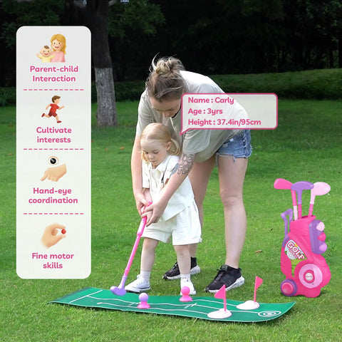 Toddler Golf Set For Kids Aged 2 To 4 Boys And Girls Upgraded Golf Clubs With Cart Putting Mat Indoor Outdoor Play Toy Safe Durable Plastic Pink Birthday Gift in use on grass with child and adult