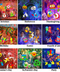 2 In 1 Outdoor Holiday Projector Light With 16 All Seasons Slides And 10 Color Waves Dual Projection Heads For Ocean Wave Ripple And Pattern Images Waterproof Yard Decor For Halloween Christmas Xmas Birthday Parties, showcasing various holiday scenes including Christmas, Halloween, and more.