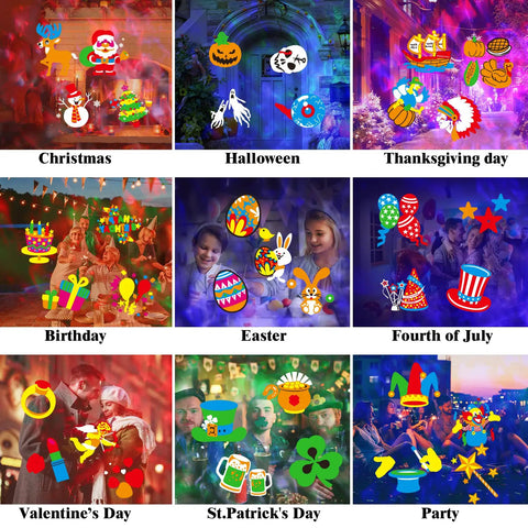 2 In 1 Outdoor Holiday Projector Light With 16 All Seasons Slides And 10 Color Waves Dual Projection Heads For Ocean Wave Ripple And Pattern Images Waterproof Yard Decor For Halloween Christmas Xmas Birthday Parties, showcasing various holiday scenes including Christmas, Halloween, and more.