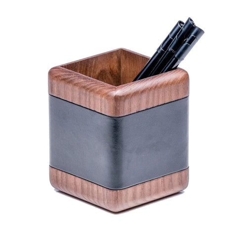Walnut And Black Leather Desk Set, 10-Piece Office Organizer Kit showing a pen holder with top-grain leather and walnut-stained rosewood