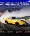 Yellow Corvette on track showcasing braking with Stainless Steel Parking Brake Hardware Kit LH And RH For 1965 1982 Corvette C2 C3