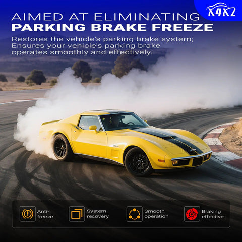 Yellow Corvette on track showcasing braking with Stainless Steel Parking Brake Hardware Kit LH And RH For 1965 1982 Corvette C2 C3