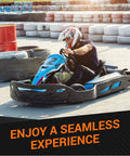 Person driving go-kart on track showcasing smooth performance with Durable 669mm CVT Drive Belt For 49cc 50cc GY6 short case engines