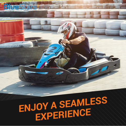Person driving go-kart on track showcasing smooth performance with Durable 669mm CVT Drive Belt For 49cc 50cc GY6 short case engines