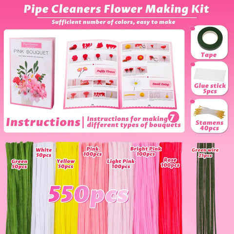 Pink Pipe Cleaner DIY Flower Kit With 550 Pieces In 7 Colors Bulk Pack Includes Floral Wires Stamens Floral Tape And Tutorial For Easy Craft Bouquets A Fun Kid Friendly Mothers Day Gift Idea. 550-piece kit with instructions and supplies