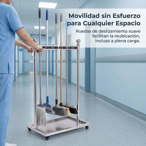 Go-To Floor Standing Mop And Broom Storage Rack For Schools, Factories, And Maintenance Crews - Heavy-Duty Cleaning Tool Holder, Movable Organizer, Keeps Cleaning Supplies Neat, Accessible, Ready To Use, stainless steel on wheels in hallway
