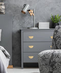 Solid Brass Cabinet Pulls 5 Pack Gold Half Moon Drawer Handles For Kitchen Cabinets And Dressers, installed on grey dresser in bedroom