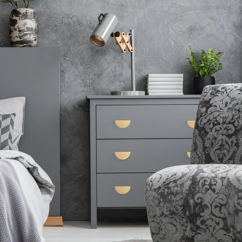 Solid Brass Cabinet Pulls 5 Pack Gold Half Moon Drawer Handles For Kitchen Cabinets And Dressers, installed on grey dresser in bedroom