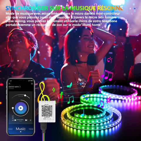 People enjoying a party with 50 Feet LED Strip Lights for Bedroom With Music Sync Color Changing Smart App Control visible in use.