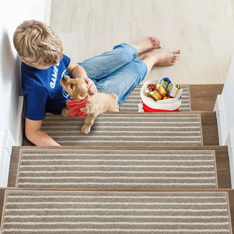 Non Slip Stair Treads For Wood Steps, 28 By 9 Inches, Beige, Child with Dog on Stair Mats
