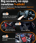 All In One OBD2 Scanner With Battery Tester showcasing setup instructions with ignition and diagnostics for 1996 and newer cars.