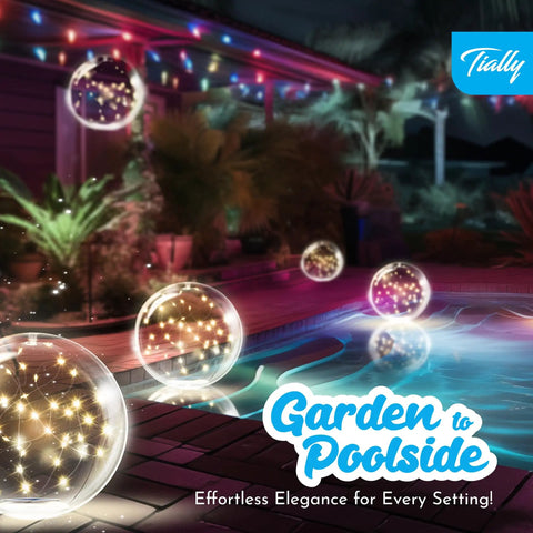 Fairy Floating Pool Lights Solar Powered 14 Inch Inflatable Waterproof LED Glow Balls For Pool Parties And Nighttime Swim Vibes Bright Outdoor Decor Easy Float And Light Up 2 Pack floating by poolside with colorful lights