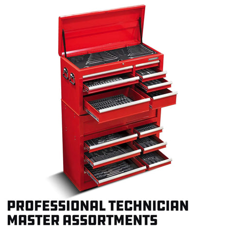 Red tool chest open with multiple drawers filled, focus on Pro Grade 8 Piece Master Pliers Set With Long Reach Diagonal Slip Joint Adjustable Linesman Groove Joint End Nippers And Long Nose Pliers In One Heavy Duty Chrome Moly CrMo Steel Kit With Organizer Tray.