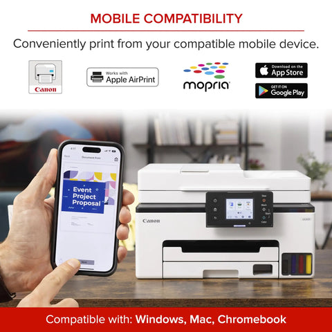 All-In-One Wireless Color Printer With Refillable Ink Tank System, Duplex Printing, shown with mobile device compatibility.
